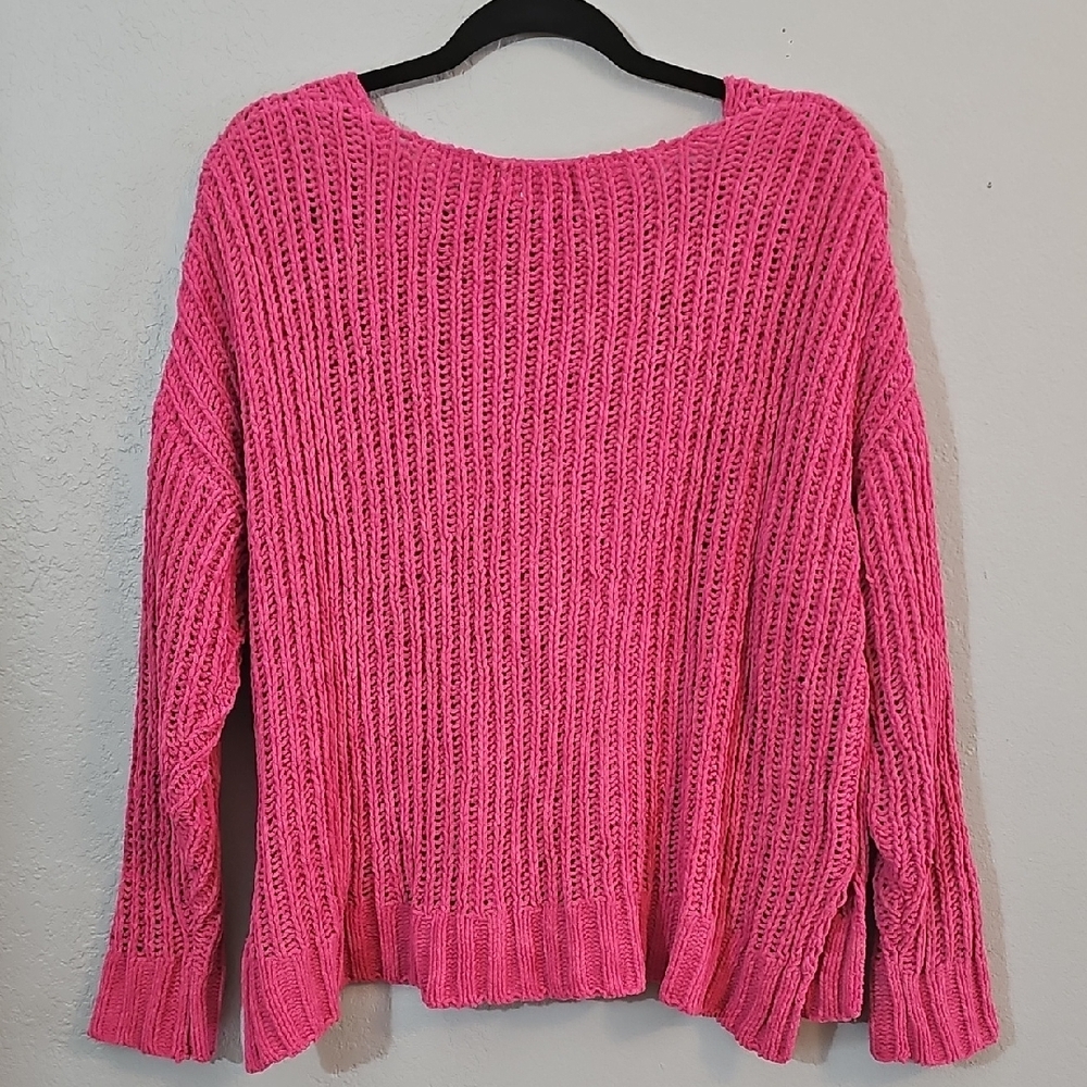 Pink Lily Vibrant Pink V-Neck Knit Sweater, Womens Medium Oversized - Picture 5 of 5